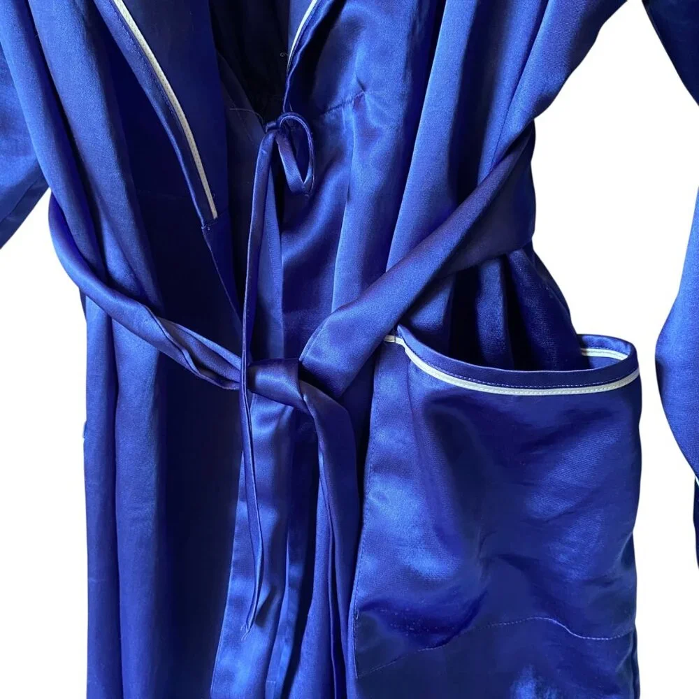 Victorias‎ Secret Royal Blue Maxi Satin Robe White Piping Pockets Women M/L